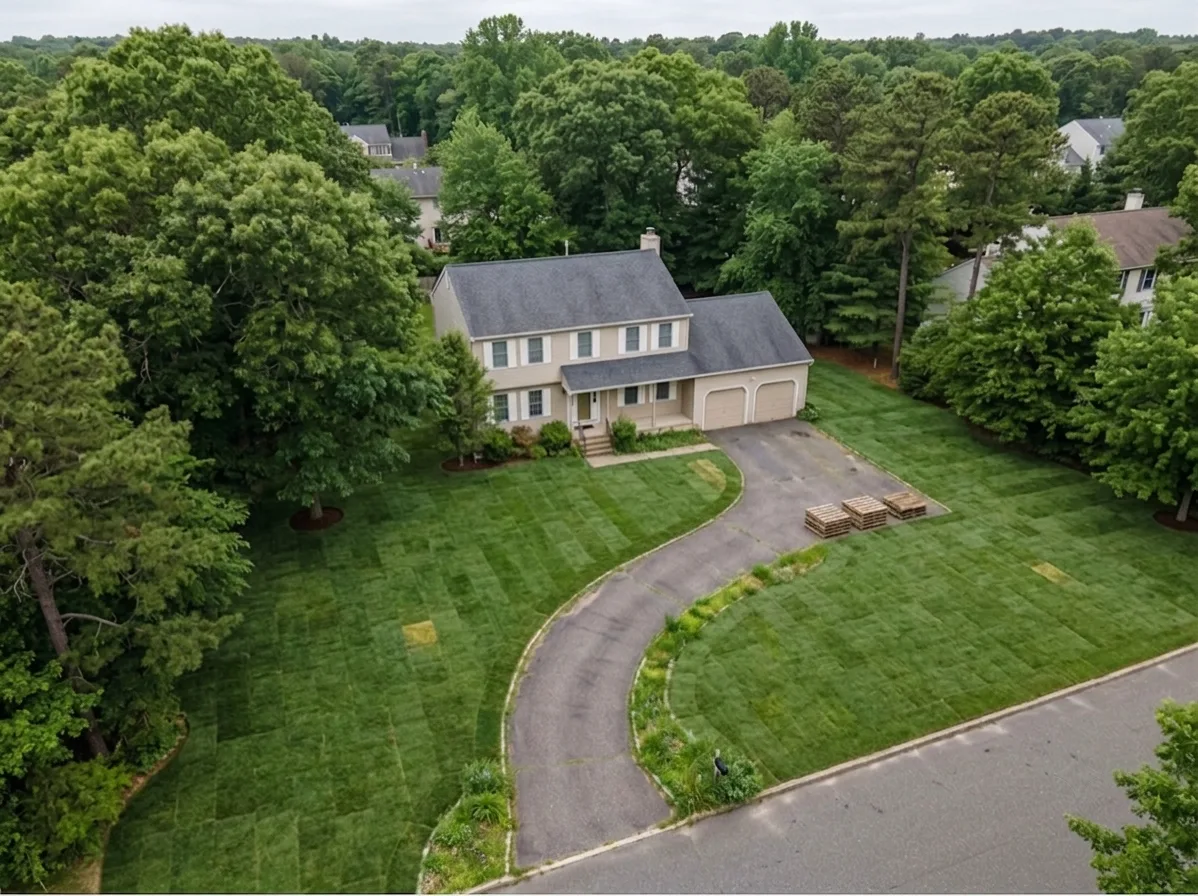 Aerial view of 8,500 sq ft of fresh sod installed in Howell NJ