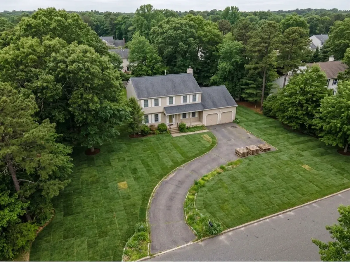 Aerial drone view of 8,500 sq ft of fresh sod installed at a home in Howell NJ
