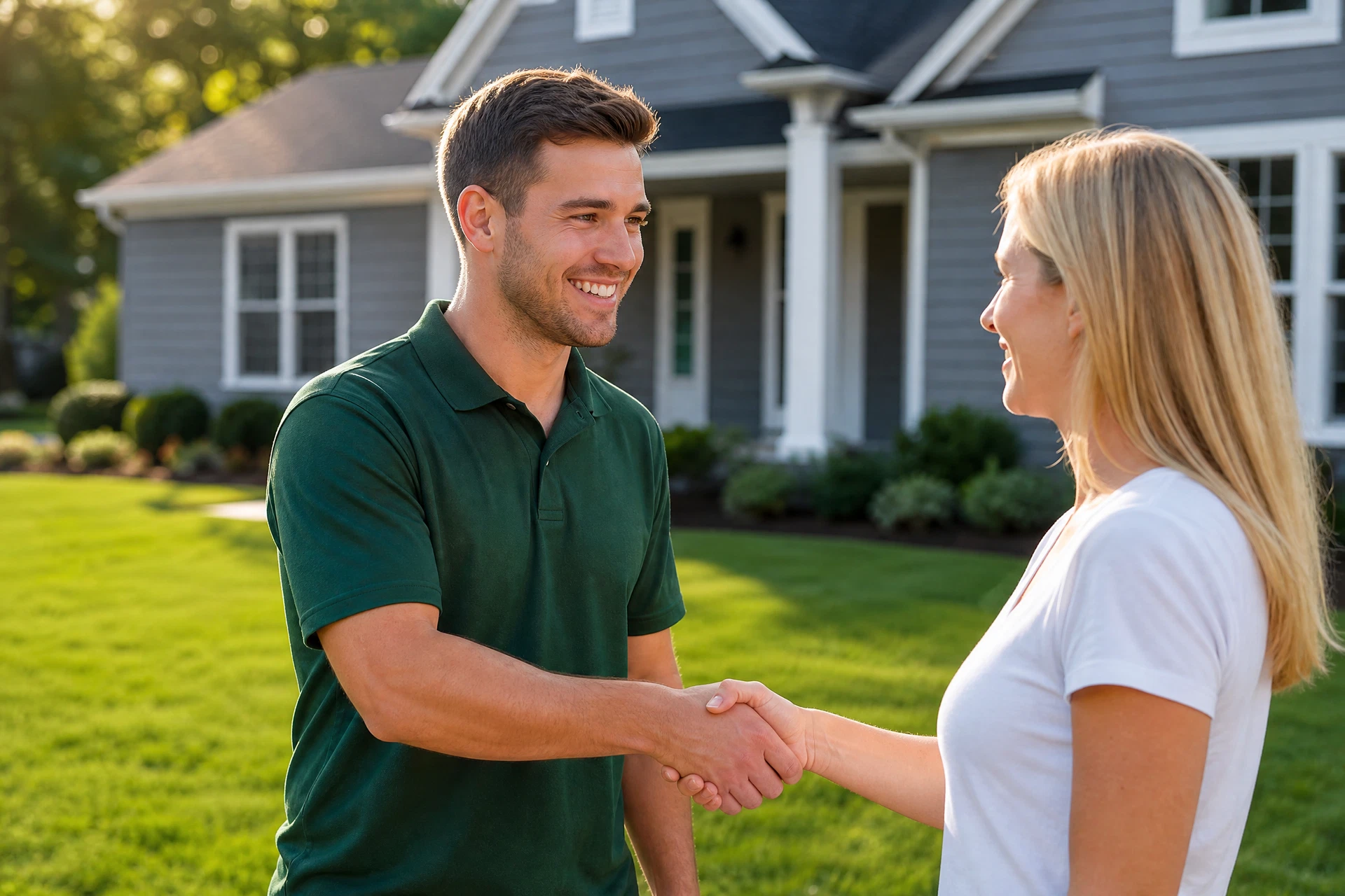 Ocean County Sod installer shaking hands with a homeowner in front of a freshly installed lawn