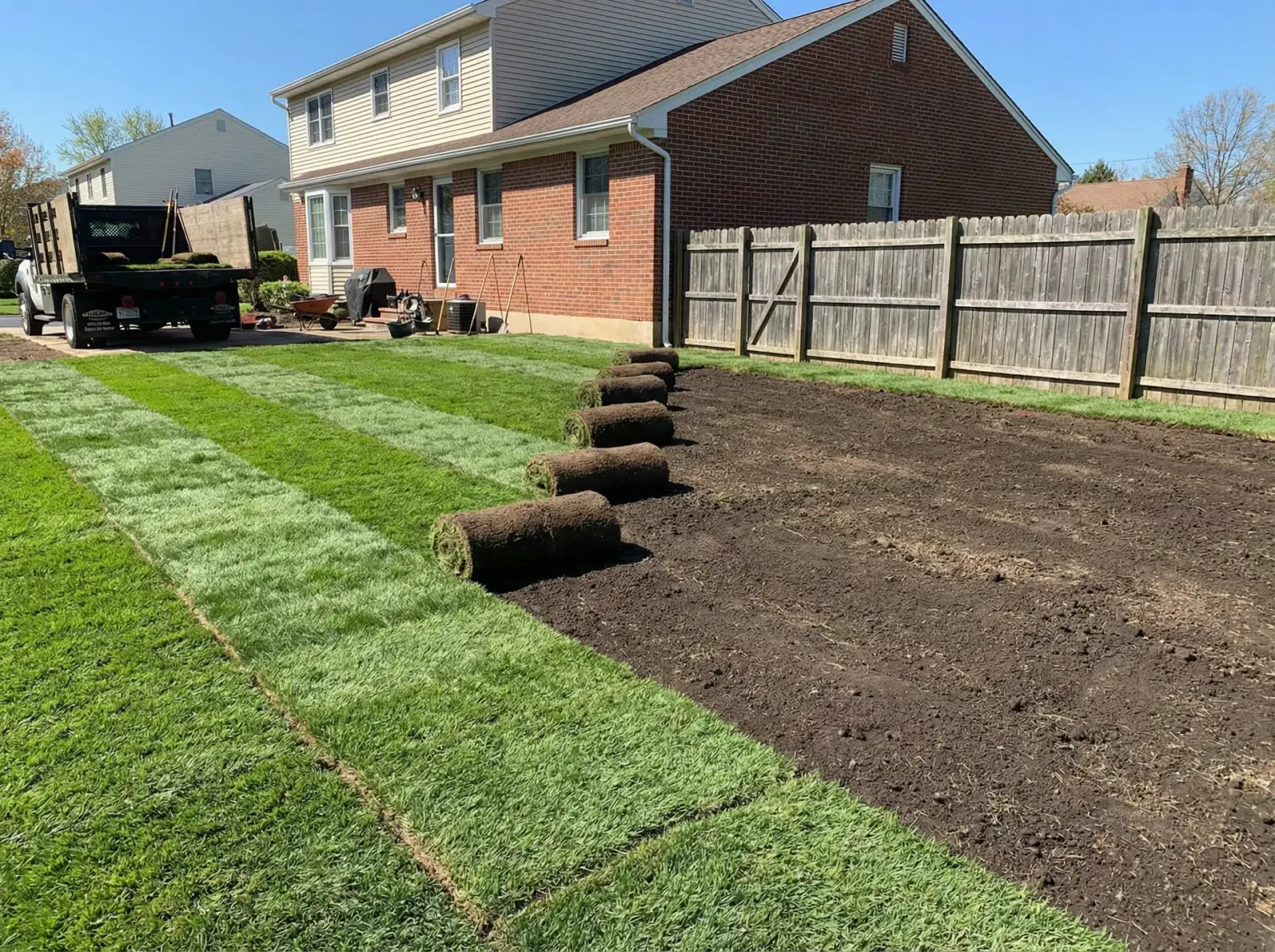 Fresh sod rolls being laid across a fully prepared yard