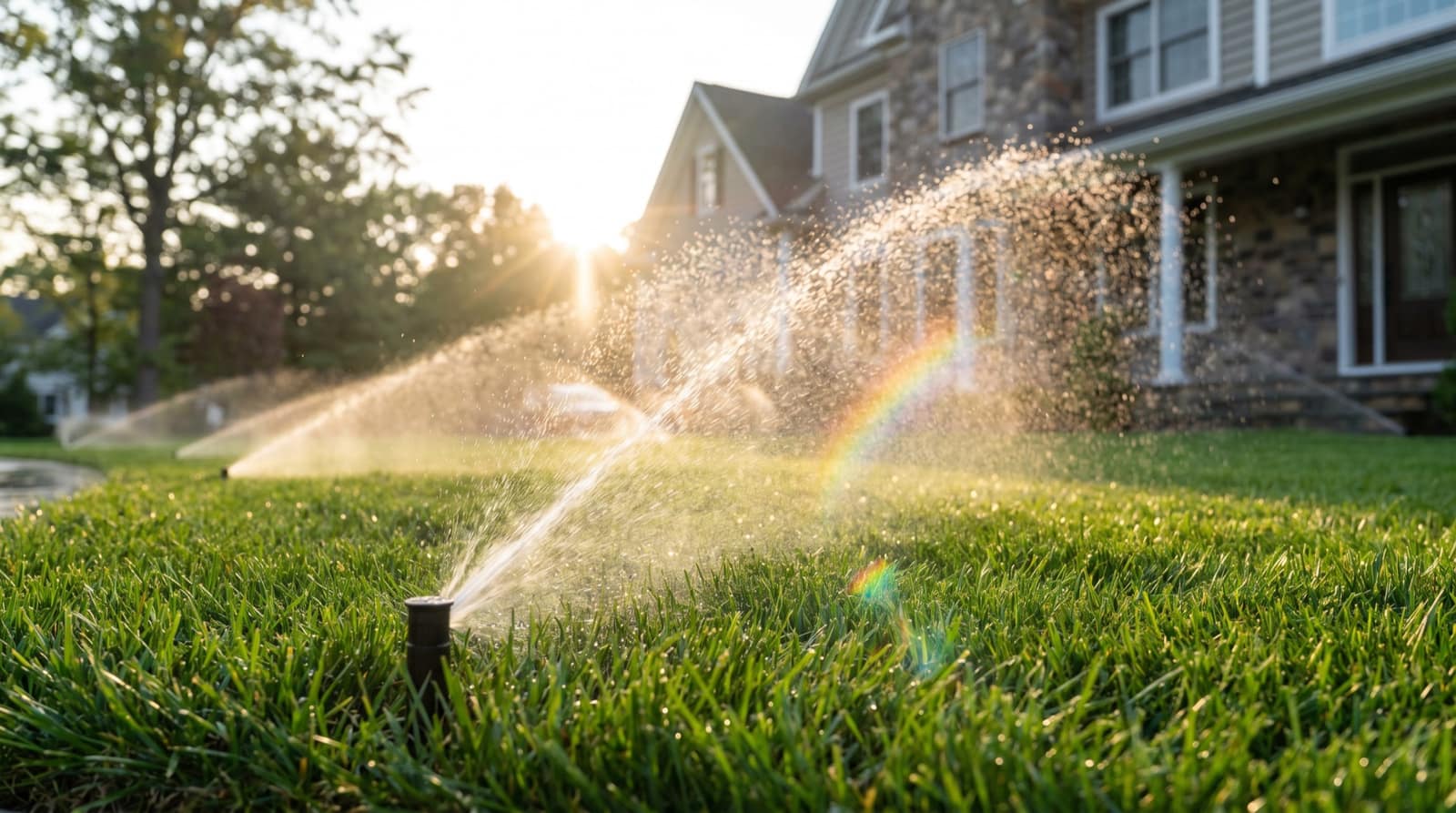 Sprinkler system watering a new lawn